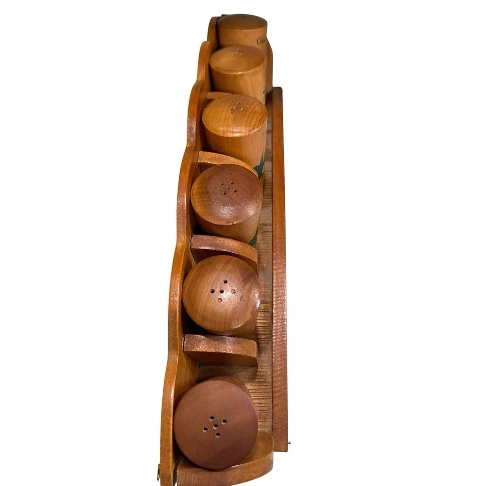 Vintage Wooden Spice Rack Rooster 6 Spice Containers Decor